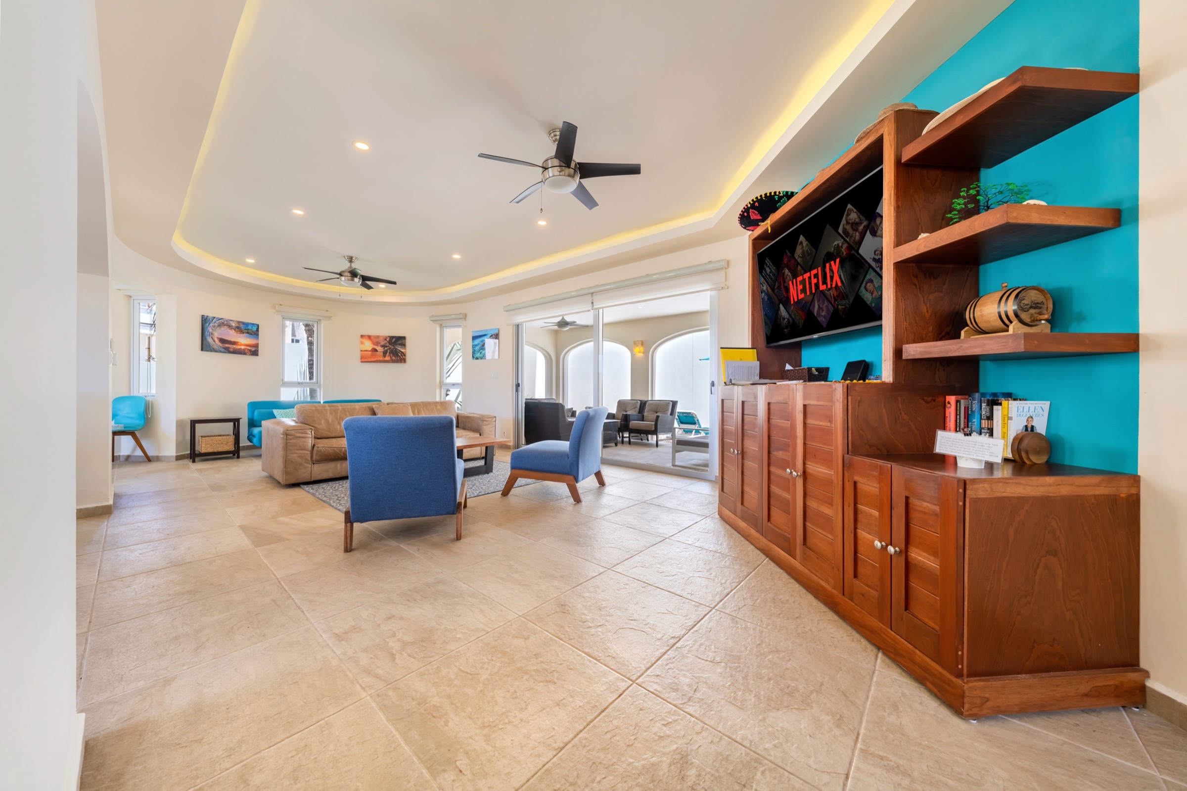 Living room · view toward built-in shelving and outdoor area